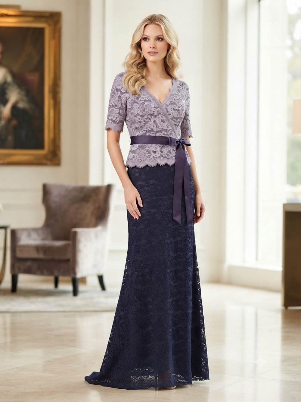 Adrianna Papell Lavender & Navy Lace Wrap Maxi Dress with Satin Sash